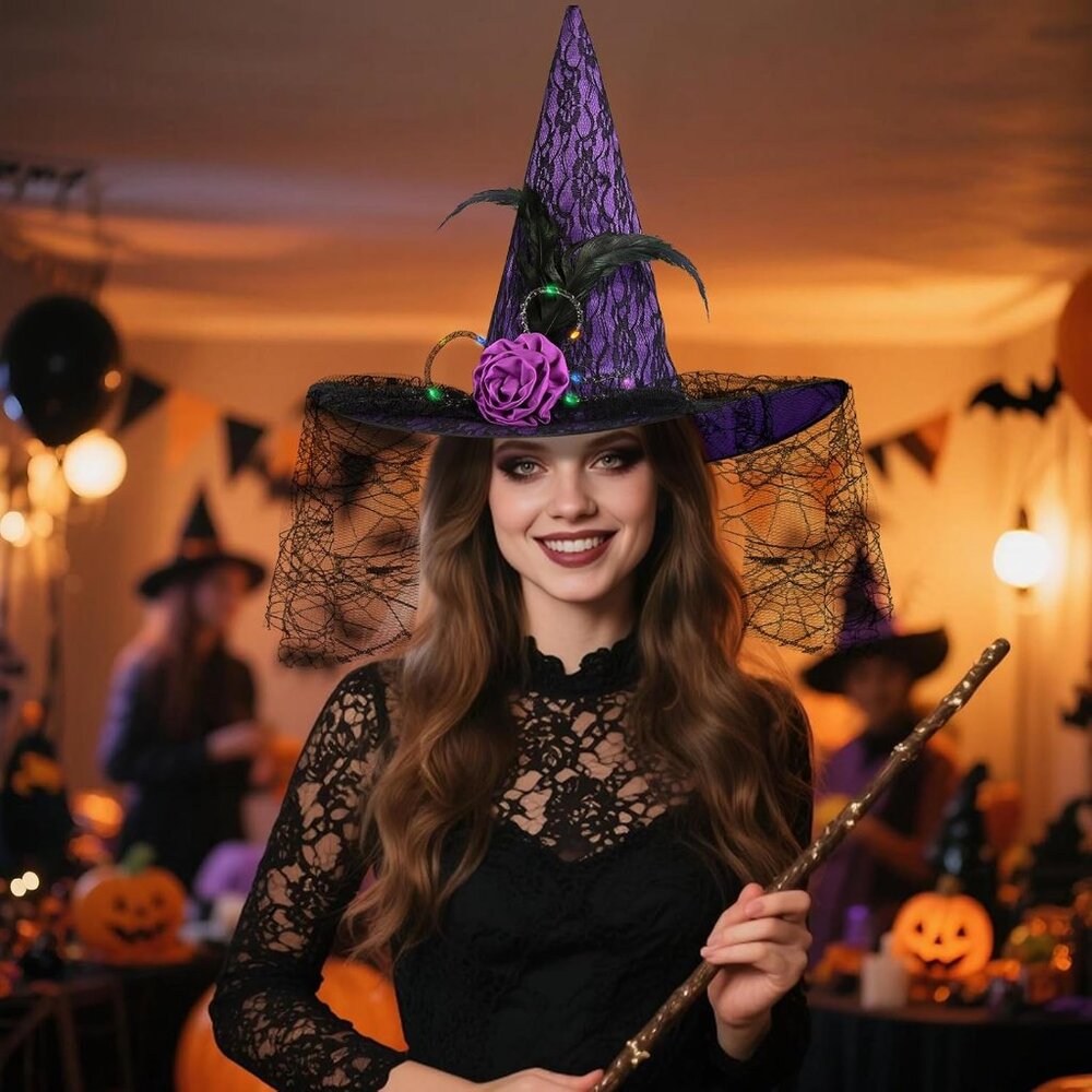 Halloween Witch Hat, Light Up Witch Hats for Women Costume Accessory Cosplay Par - Picture 6 of 7